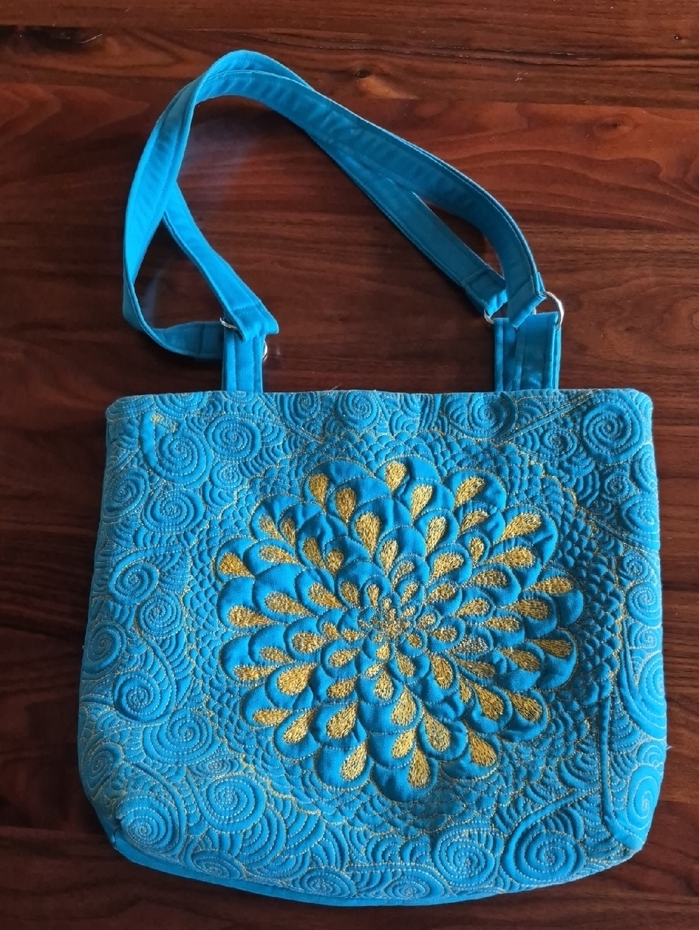 Turquoise Quilted Tote with Gold Floral Stitching